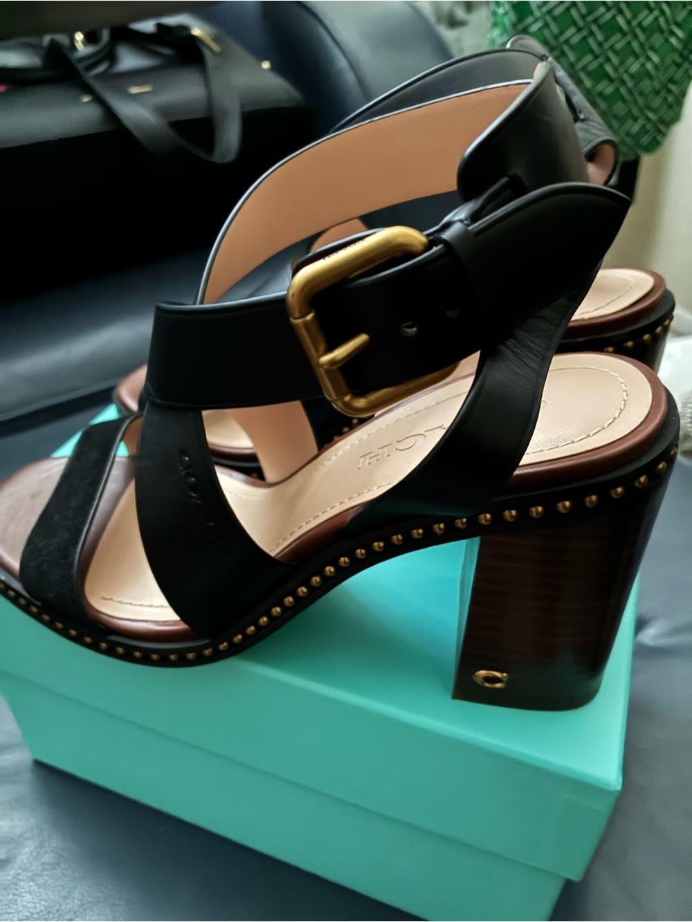Coach Black Studded Platform Heel Sandals with Buckle Strap - Picture 2 of 6